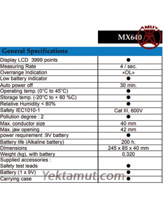 مولتی متر کلمپی مدل MX640 متریکس