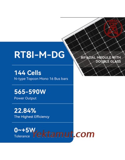 پنل خورشیدی 590 وات بایفشیال TOPCon مدل RT8I-M-DG-590 برند Restar Solar 
