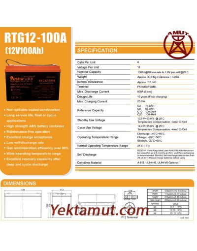 باتری ژل مدل RTG12-100A برند Restar Solar